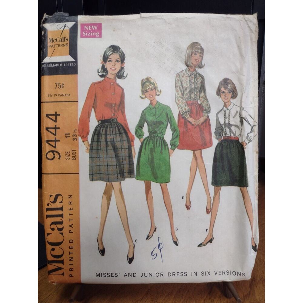 Vintage McCall's Pattern 9444 Misses' & Junior Dress in 6 Versions Size 11(1968)